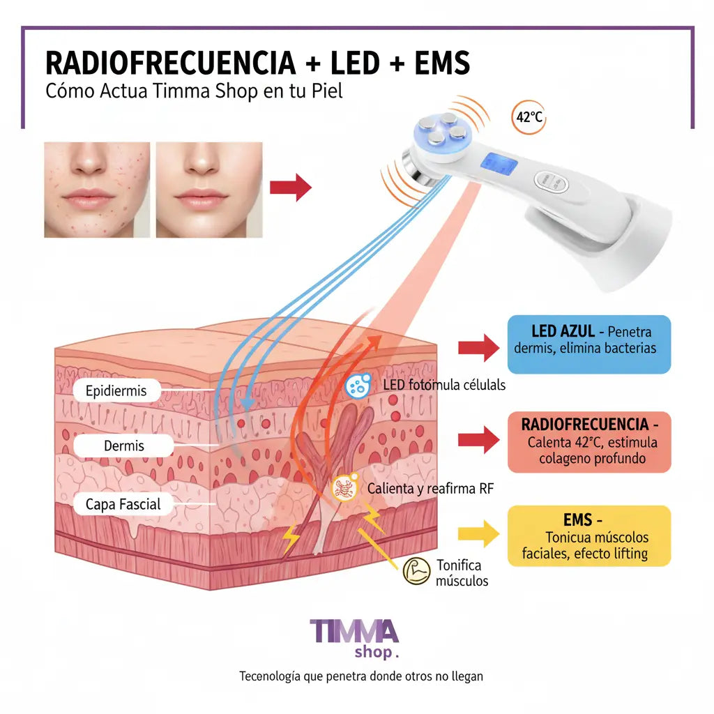 Masajeador Facial Timma Shop - Radiofrecuencia LED EMS 3 en 1 Antiarrugas Profesional