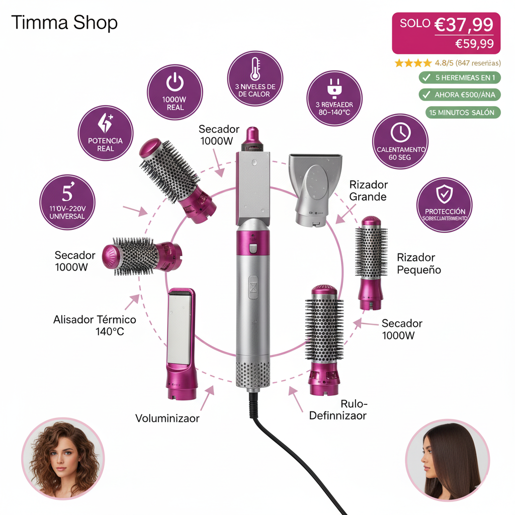 Cepillo Secador 5 en 1 Timma Shop - Secador Alisador Rizador Profesional 1000W