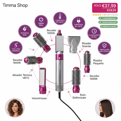 Cepillo Secador 5 en 1 Timma Shop - Secador Alisador Rizador Profesional 1000W