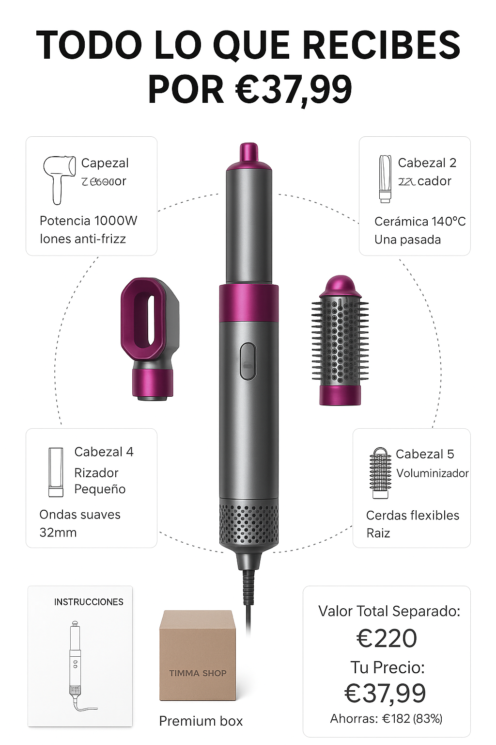 Cepillo Secador 5 en 1 Timma Shop - Secador Alisador Rizador Profesional 1000W